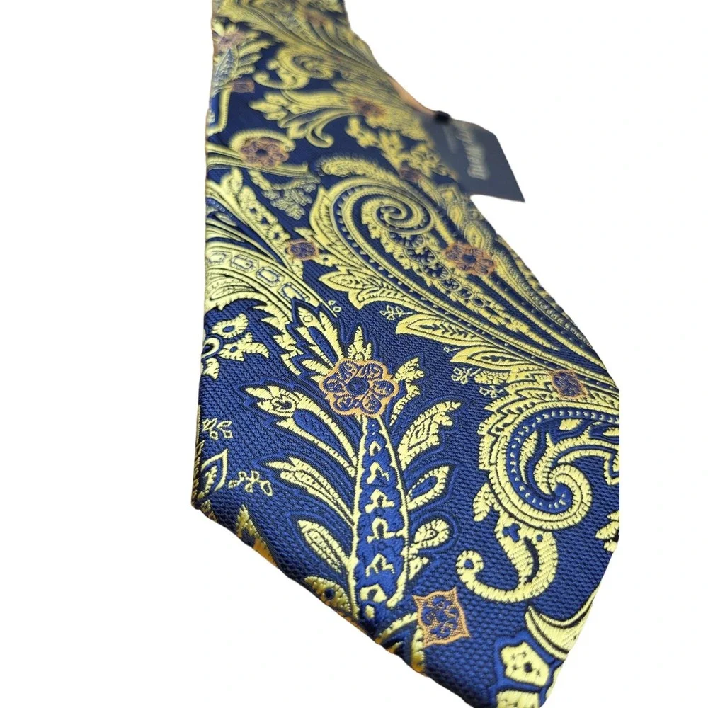 NWT Barry Wang 100%  Silk Blue Gold Floral Paisley Tie Necktie‎ Hand Tailored